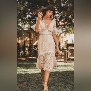 SAYLOR Small Floral Lace Maggy Dress In Nude Bell Sleeves V-Neck Ruffle Hem